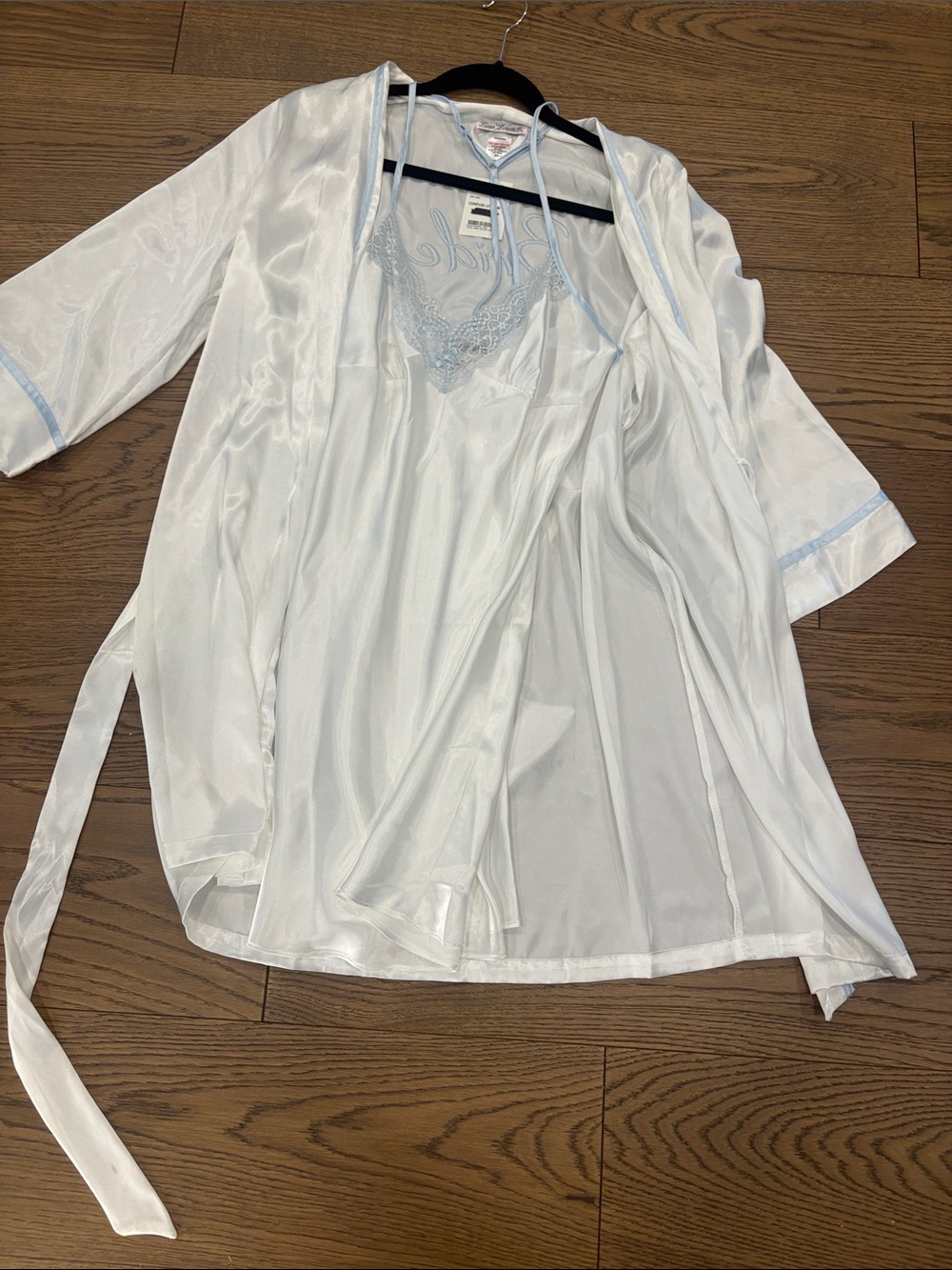 Linea Donatella White Satin Robe & Chemise Set with Light Blue Trim